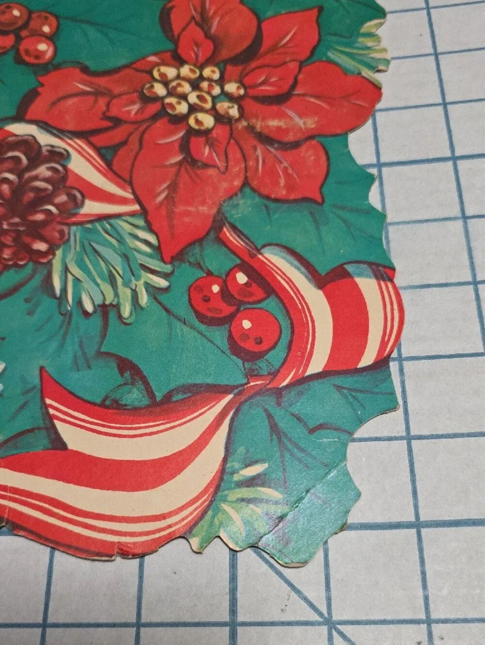 Holiday Poinsettia and Ribbon Party Die Cut - Green & Red, VTG, 10.5